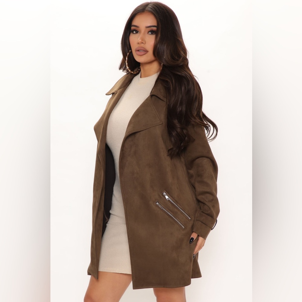 Fashion Nova Always in the Go Faux Suede Jacket Olive Sz Large